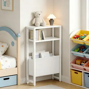 Narrow Storage Rack for Small Spaces, 3-Tier Slim Bathroom Organizer with Removable Fabric Basket, Sturdy White Metal Shelving Unit for Bedroom, Living Room, Kids' Room, and Toilet vanity cart microwave oven end table