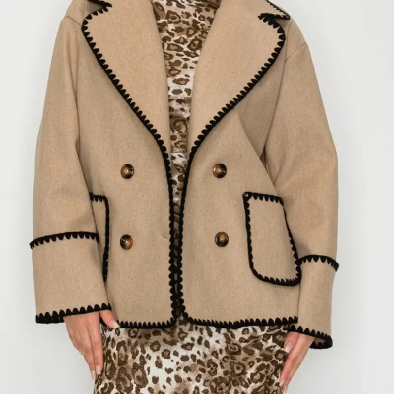 Eliza 3 Taupe Double Breasted Blanket Stitch Jacket with brown Buttons Outerwear Casual Coats Elegant Womenswear