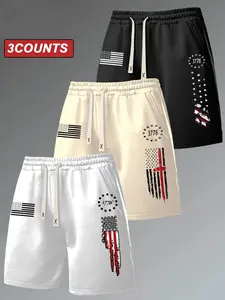 Men's Flag Series Graphic Print Drawstring Waist Patriotic Shorts, Summer Casual Outdoor Gym Shorts 3 Pack, Fitted Design Short Pants, Street Casual Shorts, Fashionable Summer Shorts