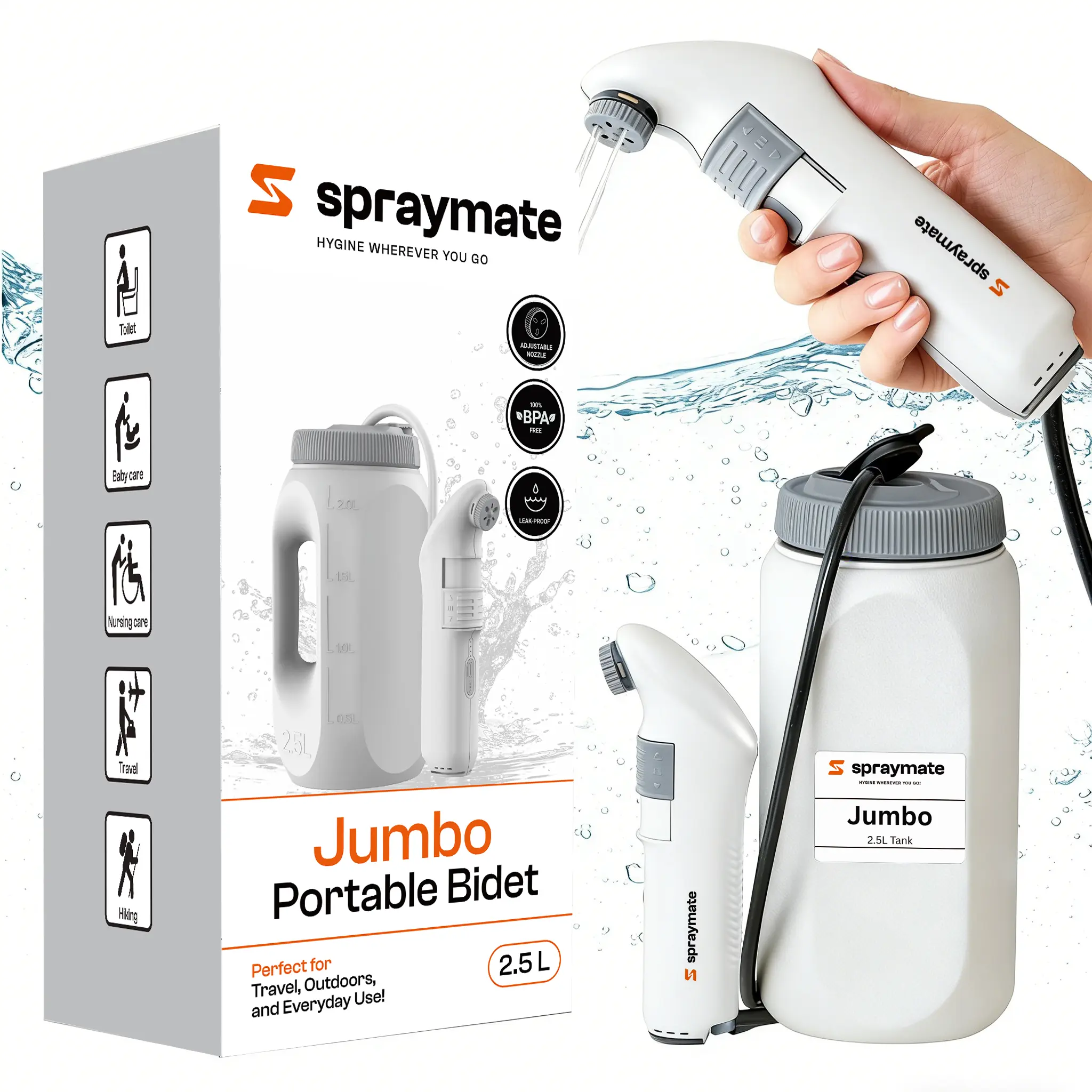 Portable Bidet for Travel & Home – Electric High Pressure Rechargeable Bidet for Women & Men | 2.5L Bottle | 1300ML/Min Flow | USB-C | 1600mAh Battery | USA Brand – Spray Mate Jumbo (White)