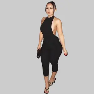 Ribbed Backless Halter Neck Midi Jumpsuit for Women's 2025 Fall New Sexy Ladies Solid Color Casual Elegant Sleeveless Overall Slim Fit Rompers Outfit Sports Jumpsuit