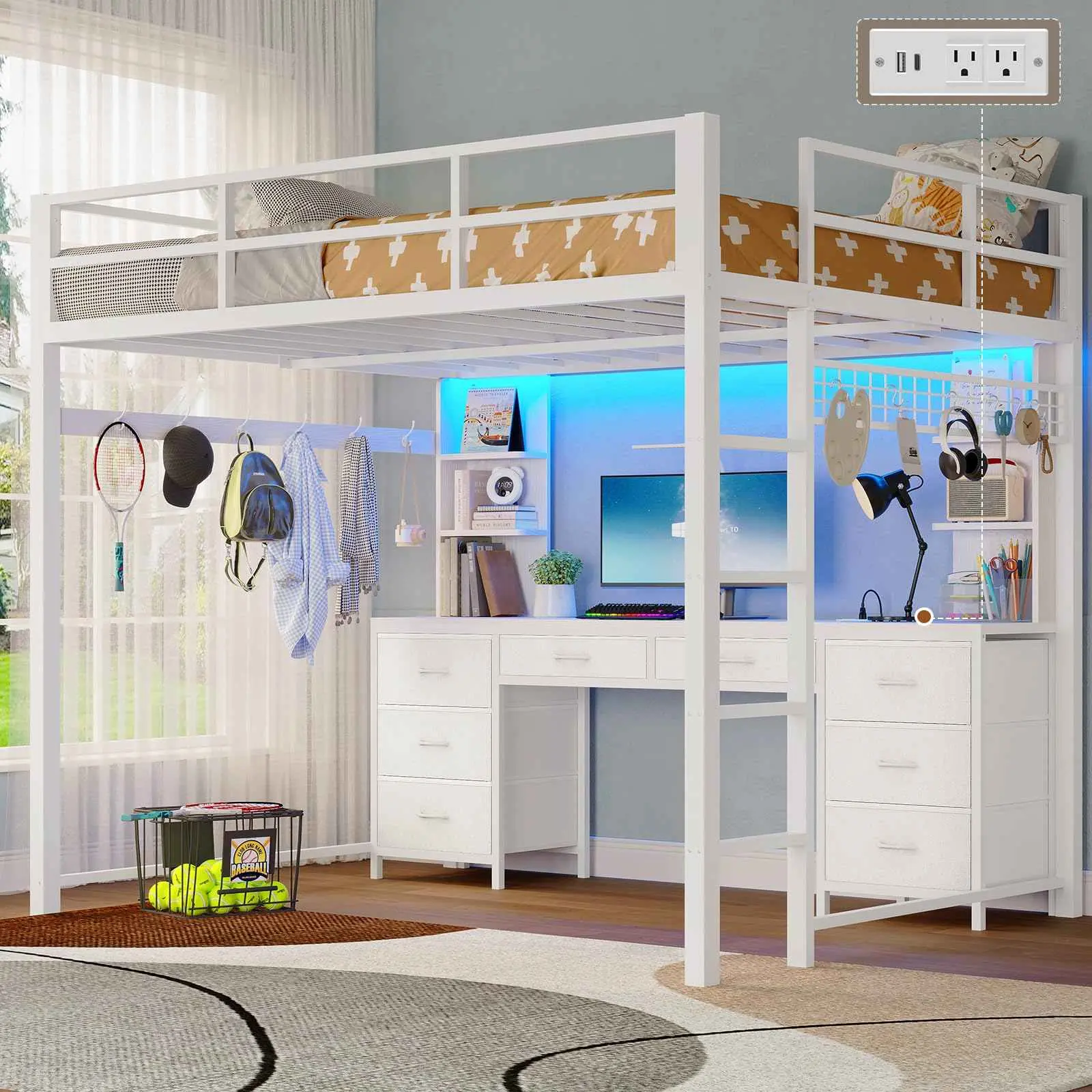 SIKAIC Full Size Loft Bed with L Shaped Desk and 8 Storage Drawers, White Metal Loft Bed with Charging Station