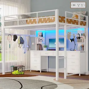 SIKAIC Full Size Loft Bed with L-Shaped Desk, White Metal Kids Bed Frame with 8 Drawers & Charging Station, No Box Spring Needed