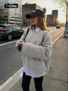 Women's Solid Color Oversized Sweater with Drop Shoulder and Split Flared Sleeves, Comfortable Everyday Pullover Knitwear