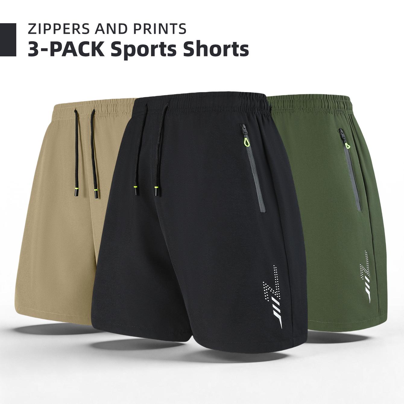 Men's 3-Pack Zipper Pocket Sports Shorts, with Reflective Prints, Drawstring Elasticated Waist, Zipper Side Pockets, Casual Shorts for Both Sports and Daily Wear