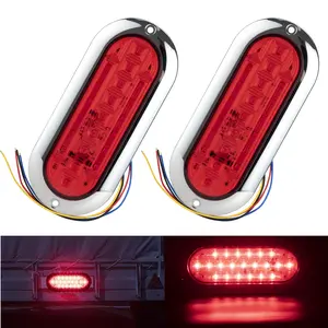 2 Pcs of 6 Inch Red Oval LED Strobe Light, 12V–24V 21 LEDs With High/Low/Flash Modes 4 Wires Chrome Bezel Stop Turn Brake Light for Truck Trailer Pickup