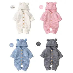 Newborn Baby Girl Boy Knit Rompers Knitted Jumpsuit Sweet Ears Hooded Jumpsuit Long Sleeve Solid Color Button Jumpsuit Warm Autumn Winter Outfits