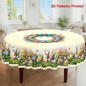 1pc, Easter Themed Party Tablecloth, Spring Summer Rabbit Colored Eggs Cross Butterfly Floral Printed Design, Rectangular/Round/Oval Table Cloth, Embossed Edge, Suitable For Indoor Outdoor Dining Picnic Dinner Dining Room Decoration