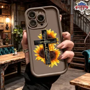 Artistic Sunflower Cross Faith Aesthetic Pattern Case for iPhone 17 Pro Max 16 15 14 13 12 11 XR XS Plus Air Slim Shockproof Protective Anti Scratch Lightweight TPU Cover