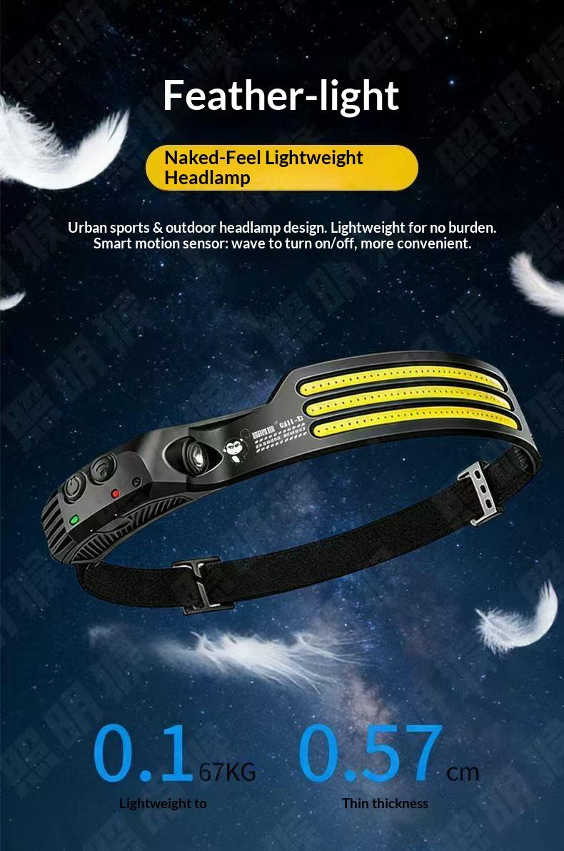 Silicone headlight LED mini multifunctional wave sensing head mounted light COB outdoor fishing and hiking strong light far and near bald head light | Multi level adjustment | Ultra lightweight and portable