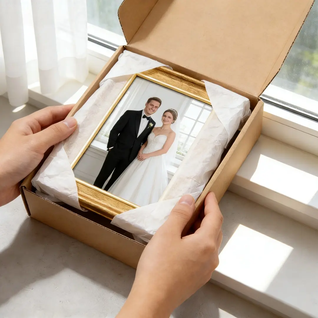 A golden frame, suitable for displaying 4x6 pictures.This is a vintage frame that is suitable for wall installation or tabletop display.It features a rugged gold design.