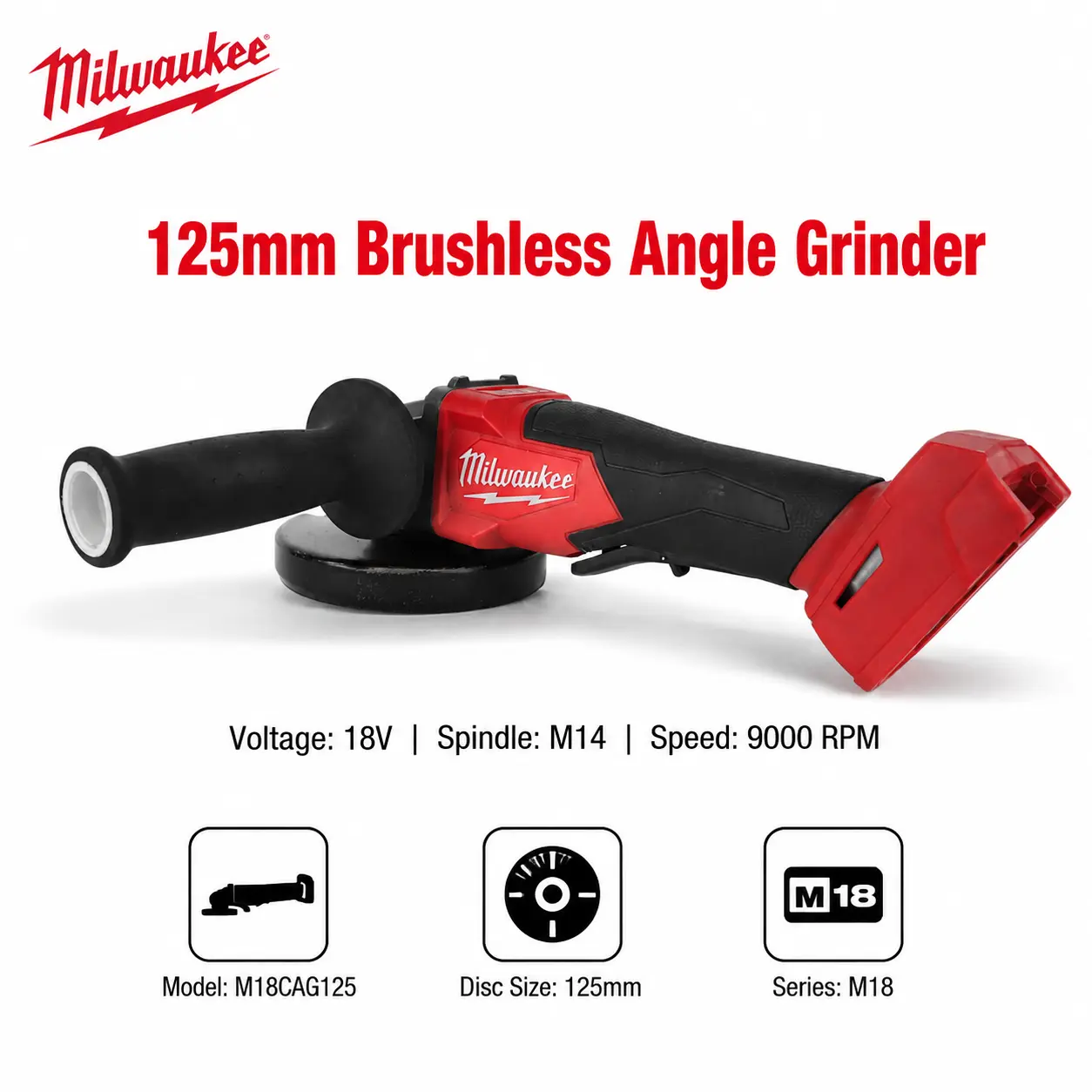 Milwaukee M18 125 18V  125mm Brushless Angle Grinder Power Tool for Metal Cutting, Grinding and Fabrication, Featuring M14 Spindle, 9000 RPM Speed, Non-Locking Paddle Switch and Ergonomic Design cordless work