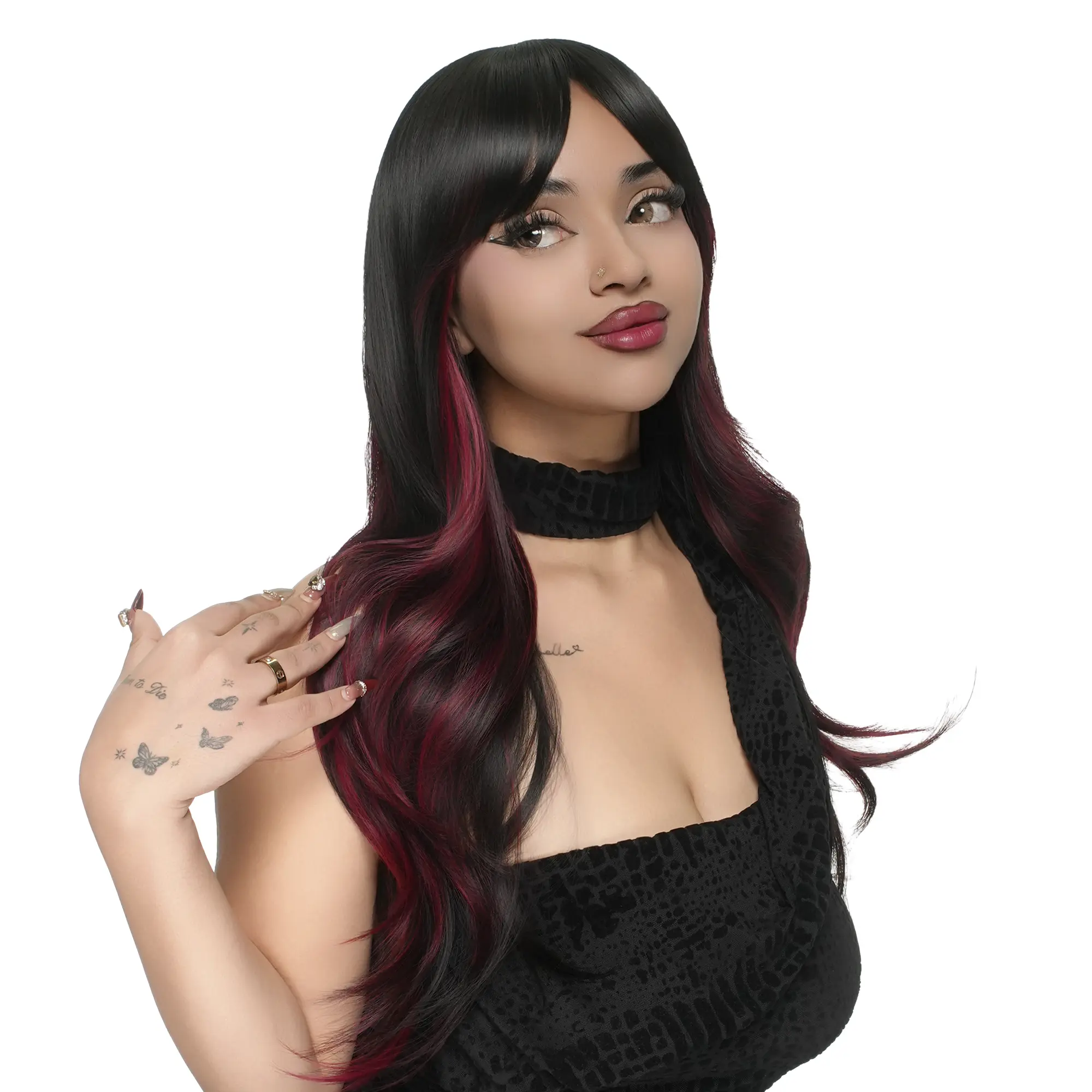 22-Inch Black (Scarlet Red Lowlights) Wavy Synthetic Wig | 【Heat Resistant】【Cap Included】 | 51FSGB