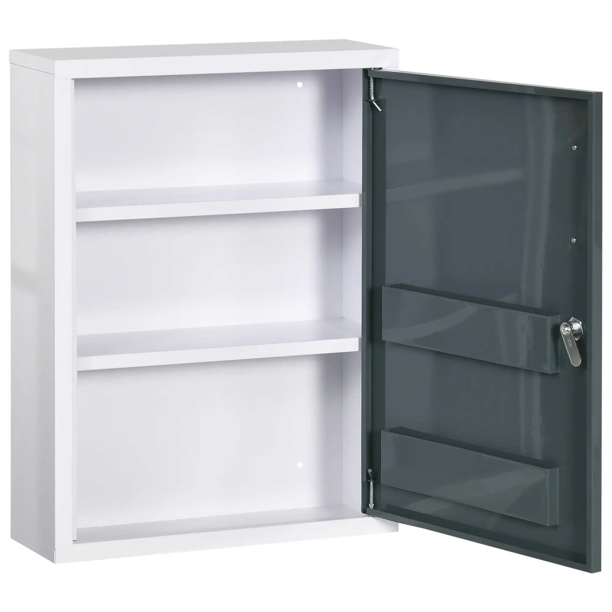 Bathroom Medicine Cabinet with Shelves Inside & On Door, Locking Medical Cabinet for Child & Pet Safety, First Aid Bathroom Wall Cabinet, White and Grey