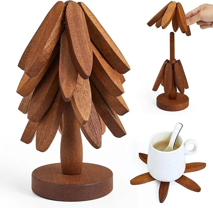 7.8 Inches Bamboo Wooden Trivet Tree Set - 4 Pieces & 1 Stand, Heat-Resistant Indoor Decorative Solid Wood, Automatically Unfoldable, 7.8" Hot Dish Base, Countertop Guard, Pots Protector, Ideal Birthday Gift