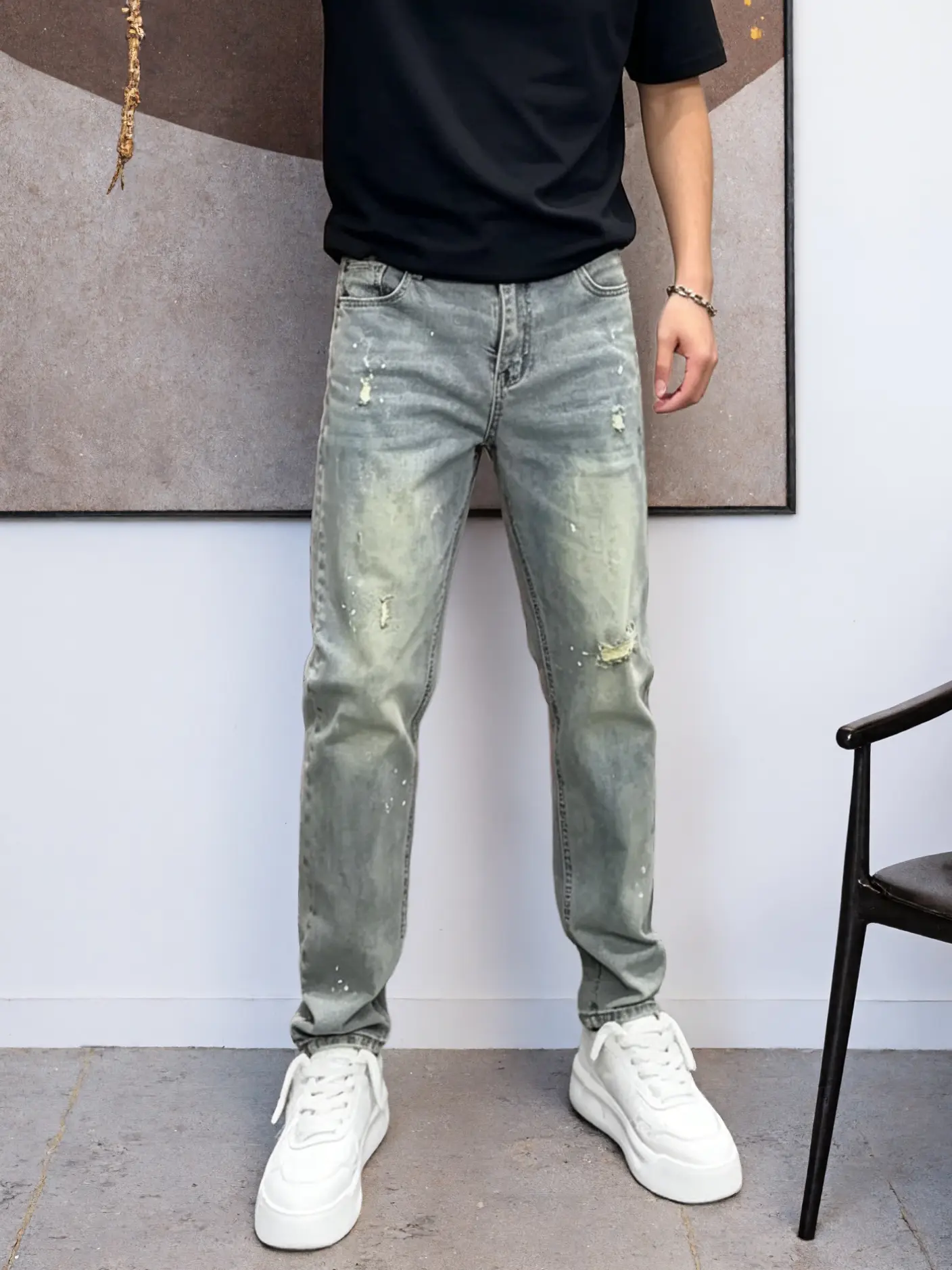 Men's Tinted Wash Jeans in a Slim Straight Fit, Chic Paint Splatter Distressed Stretch Denim with Artistic Texture, All Seasons, Casual, Full Length, H Type, High-Street Edge, Machine Washable, Mid Waist, Paint Splashes, Long Hours Of Sitting, Slim-Fittin