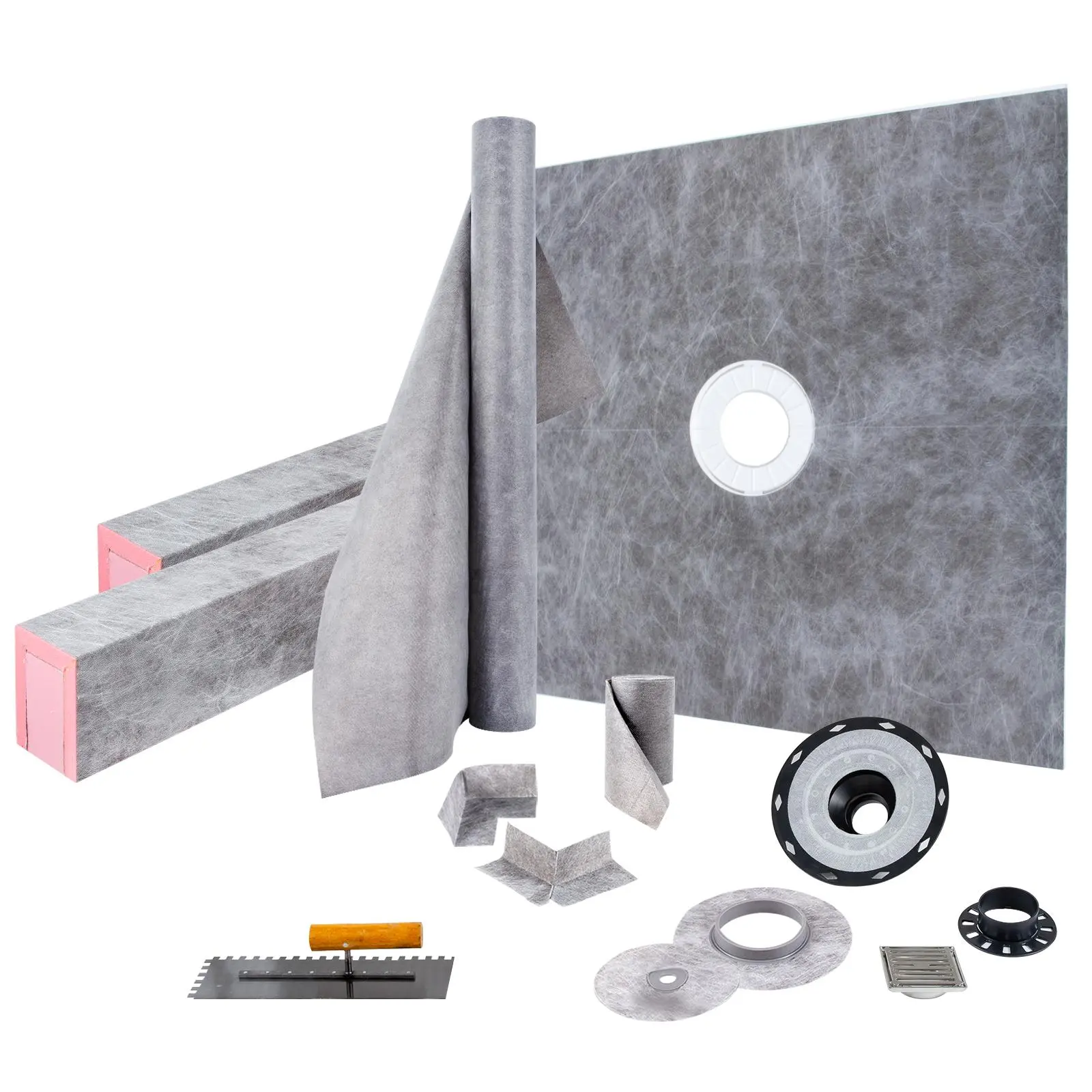 【summerfinds】VEVOR Shower Curb Kit, 48\"x48\" Watertight Shower Curb Overlay with 4\" ABS Central Bonding Flange, 4\" Stainless Steel Grate, 2 Cuttable Shower Curb and Trowel, Shower Pan Slope Sticks Fit for Bathr