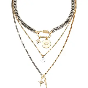 Gold Layered Necklaces for Women - 3Pcs Chunky Statement Stackable Set, Mixed Metal Coin Charm Necklaces, Trendy Jewelry Gift for Her