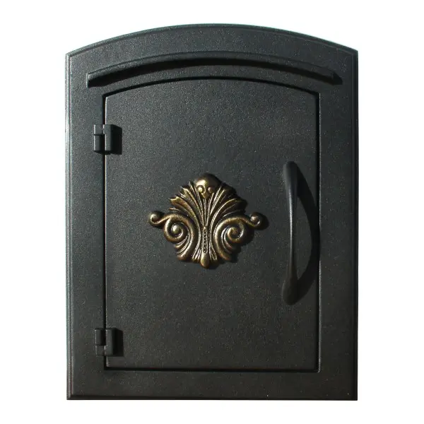 12 in. Steel Manchester Masonry Security Drop Chute Mailbox - Black, Outdoor Security Door Letterboxes with Decorative Scroll Logo Faceplate