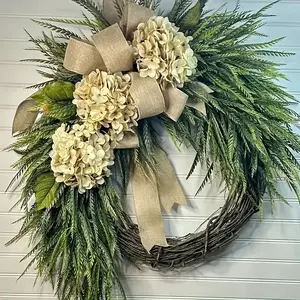 1 Piece Rustic Style Spring & Summer Wreath - 16 Inch Silk Hydrangea and Eucalyptus Double-Sided Wall/Door Decor with Linen Bow, Perfect for Front Door Decoration