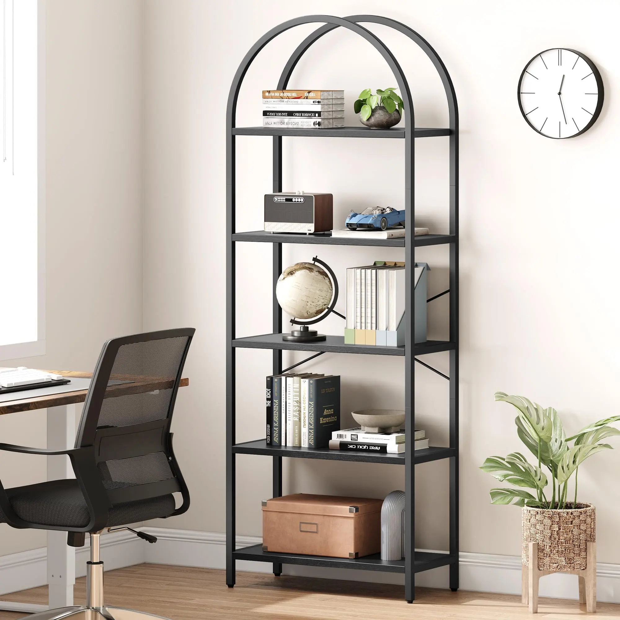 Garvee 5-Tier Arched Bookshelf with Industrial Farmhouse Metal Frame, 71" Tall Modern Storage and Display Rack for Living Room, Bedroom, and Home Office, Available in Grey and Gold Finishes
