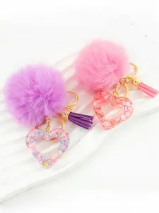 Colorful Heart-Shaped Fur Ball Tassel Keychain, Classic Fashion Keyring, Bag Key Accessories, Stylish and Trendy, Vibrant Keychain, Cute Keychain