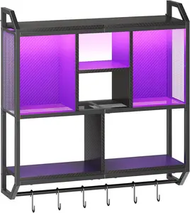 Gaming Floating Shelves with LED Lights, 28.7" LED Wall Mounted Shelf, 3-Tier Display Rack for Wall Storage, Floating Rack with Hanging Rod and 6 S-Hooks, for Gaming Room, Black BB70DBJ01