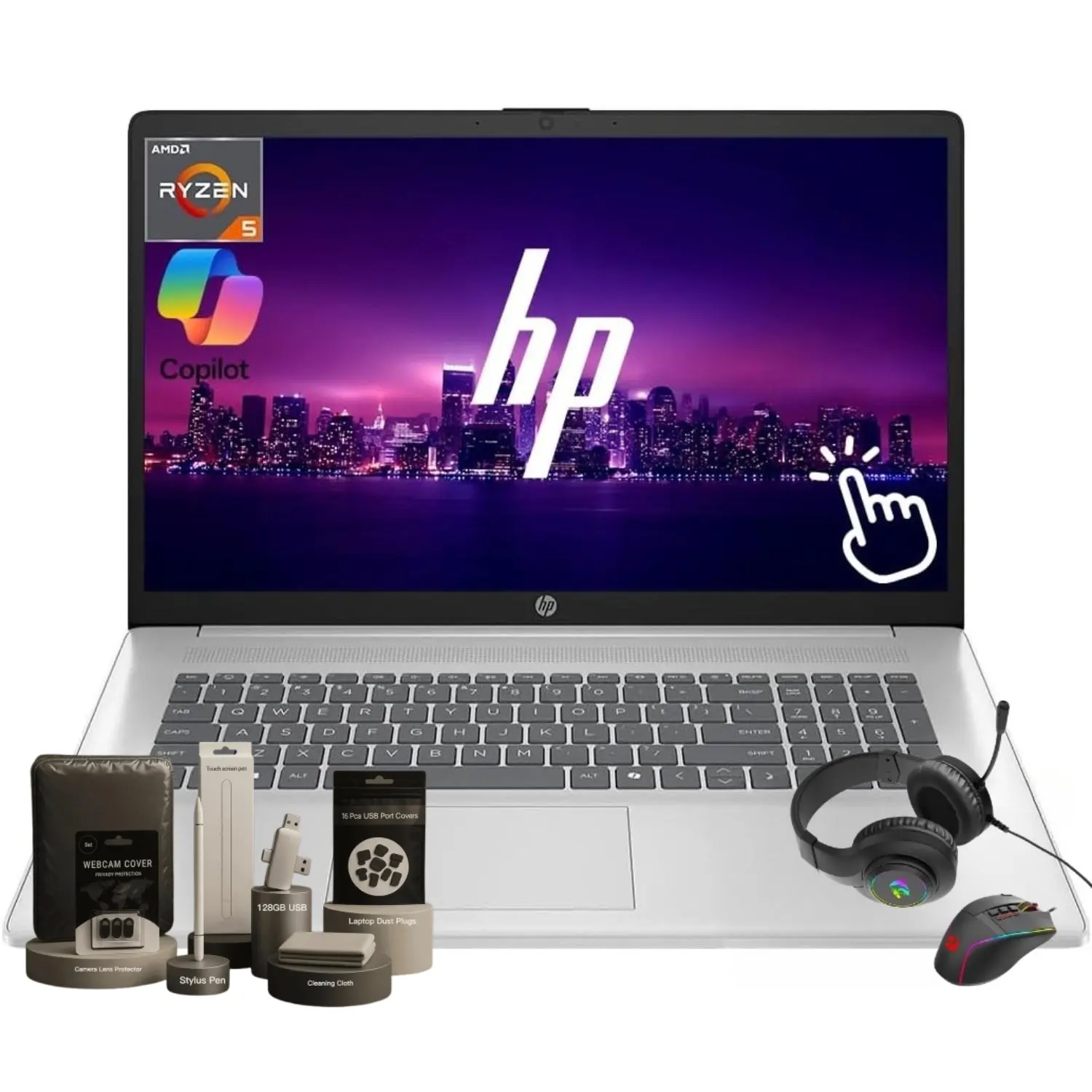 HP Flagship 17.3-Inch Touch Screen Laptop (17-cp3565nr) - Anti-Glare HD+ Display, AMD Ryzen 5 7430U, 8/16/32GB RAM, 256GB/512GB/1TB/2TB SSD, Windows 11 Pro with Copilot AI, Wi-Fi 6, Bluetooth 5.4, Fast Charge, Numeric Keypad, w/Accessories