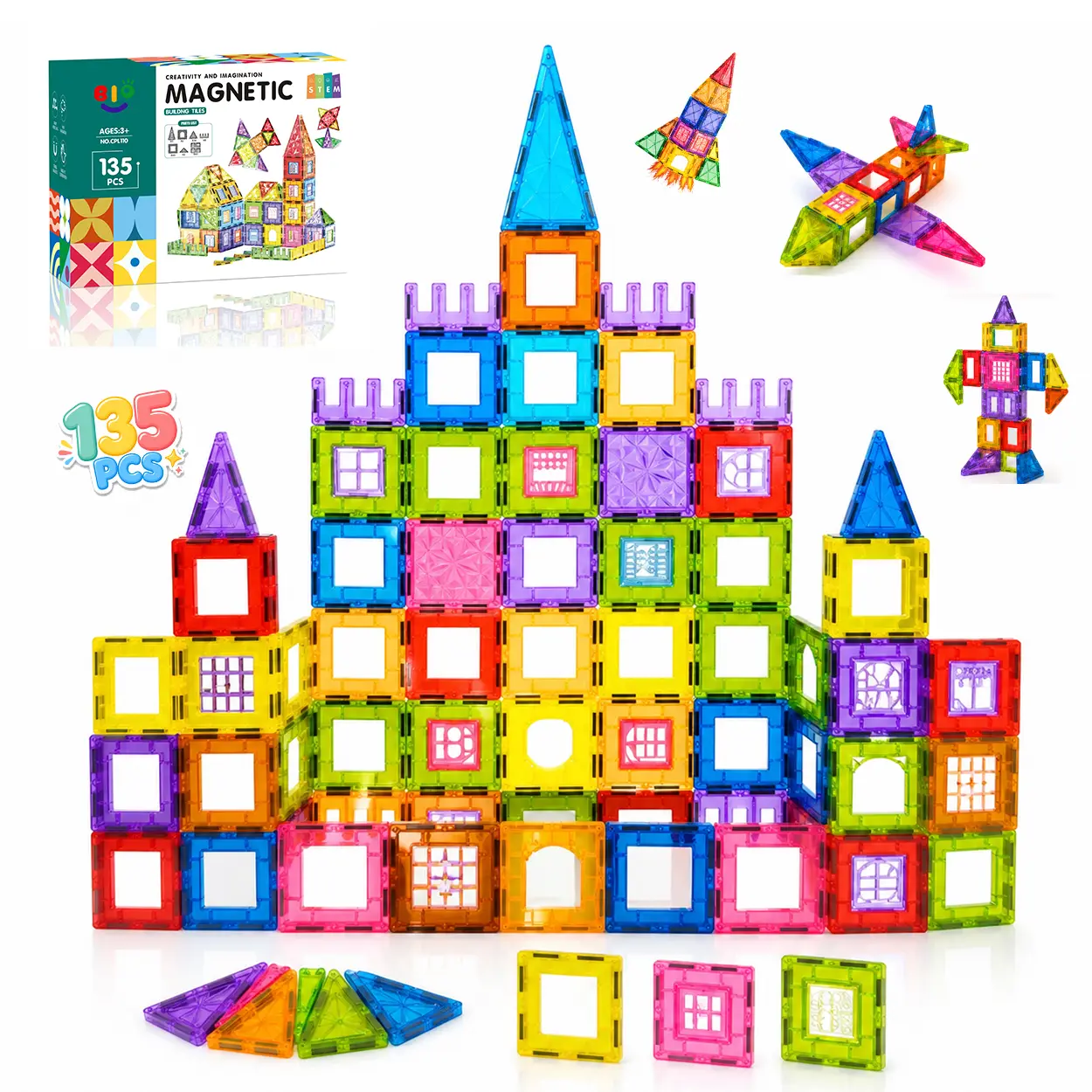 Unisex 135PCS BPA-Free Certified Safe 4D Diamond Magnetic Building Tiles Set, STEM Preschool Educational Toys for Creative Play, Fine Motor & Spatial Reasoning Development, Gift for Kids 3-8+ Years Old