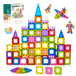 [Bubbleverse] 135 PCS Magnetic Tiles Building Blocks - STEM Educational Toy with 43 Window In-lays & Fences, Castle Set Gifts for Boys Girls Ages 3+ (STEM Toys、Magnetic Tiles、Building Blocks Birthday Gifts)
