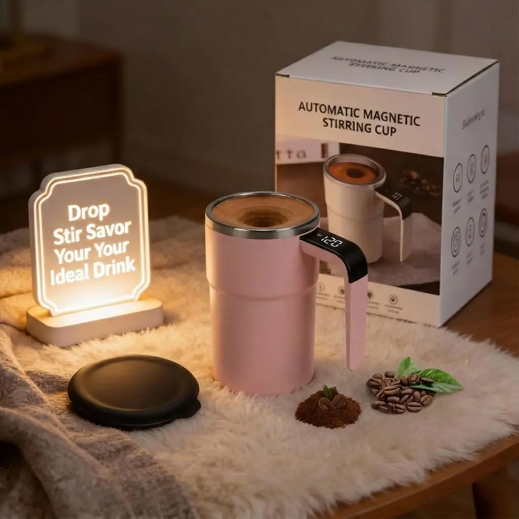 Reusable Stainless Steel Self-Stirring Coffee Tumbler - Compact ABS Magnetic Mug with Lid, 1-Touch Auto Mixing, Heat Retention, Leak-Proof, Built-In Battery, for Office Workers, Home & Car Use