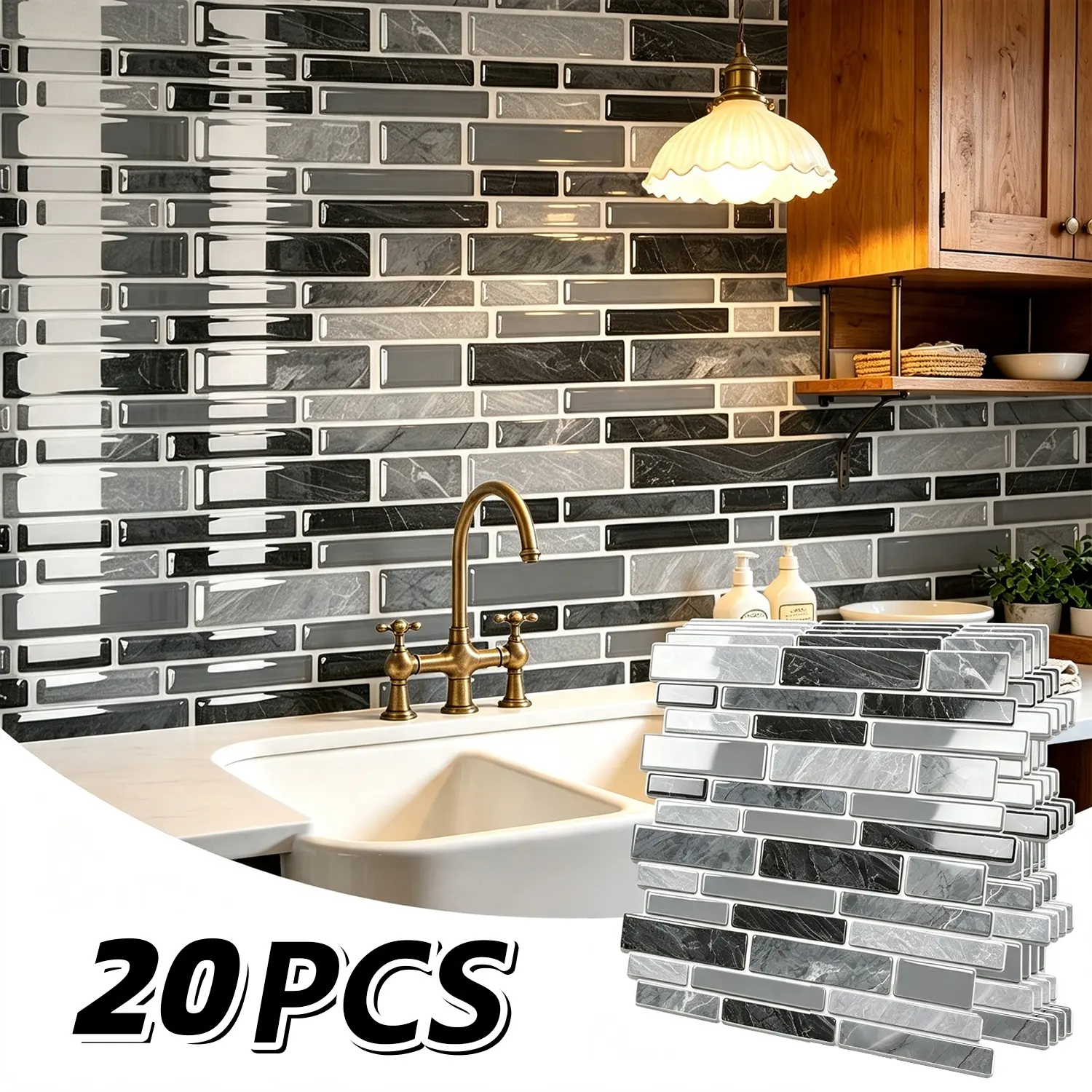Art Deco 3D Depth Effect Peelable Wall Stickers & Murals, 12x12 in Glossy Waterproof Removable Backsplash Tiles, 10-20 Pack Choice Self-Adhesive Panels, Tenant-Friendly Easy Updates DIY Home Decor for Kitchen