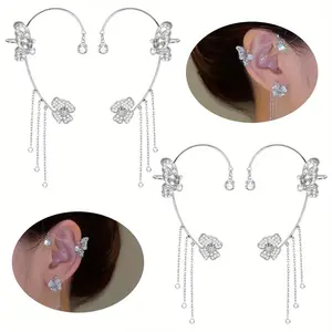 2 Pack Butterfly Flower Ear Hole Free Tassel Ear Hook Sparkling Diamond Studded Ear Bone Clip Jewelry Beauty & Personal Care