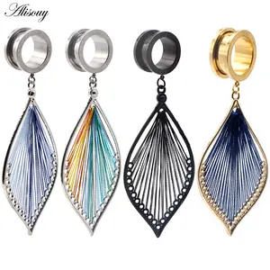 Alisouy 2pcs Ear Plugs Tunnel Gauges weave Leaves Dangle Ear Stretcher Stainless Steel Body Piercing Jewelry Screw ear Expander