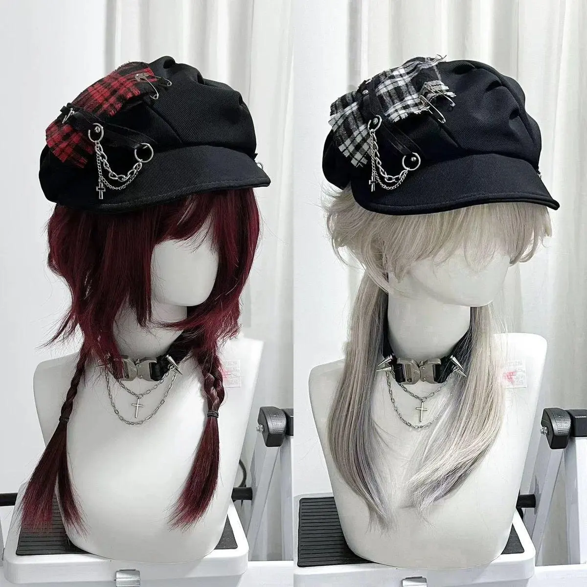 Punk Cross Chain Beret Hat, Y2K Alt Plaid Cloud Newsboy Cap for Men & Women