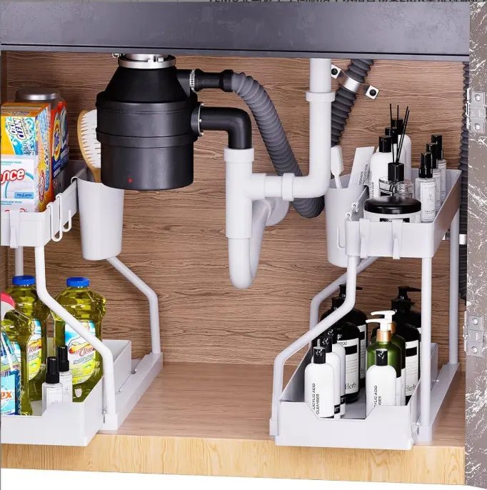 2-Tier Sliding Under Sink Organizer with Pull-Out Metal Frame Storage Basket, Smooth Sliding Mechanism, Adjustable Acrylic Straw Holder, Blade Stand & Cork Hat Cabinet for Kitchen & Bathroom Home Organization