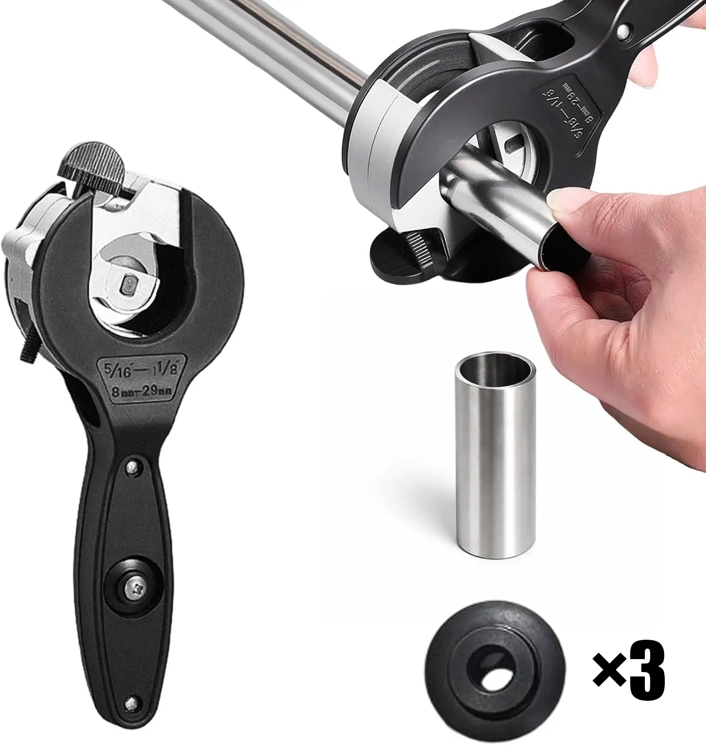 Ratchet Pipe Cutter, 2-in-1 Ratcheting Pipe Cutter Tool for Tight Spaces, for Copper and PVC, Close Quarters Tubing Cutter for 6–23mm & 8–29mm Pipes (5/16“–1-1/8” (8–29mm))