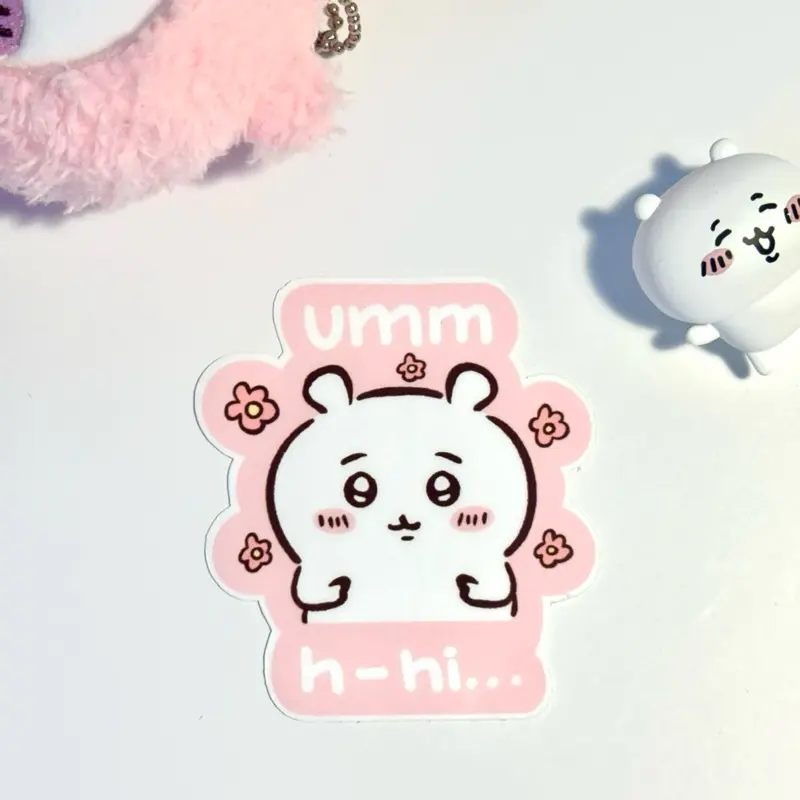 Chiikawa Sticker | "Umm.. h-hi..." | Cute and Silly Die-Cut Sticker | Waterproof Vinyl | Pink Design with Cute Character