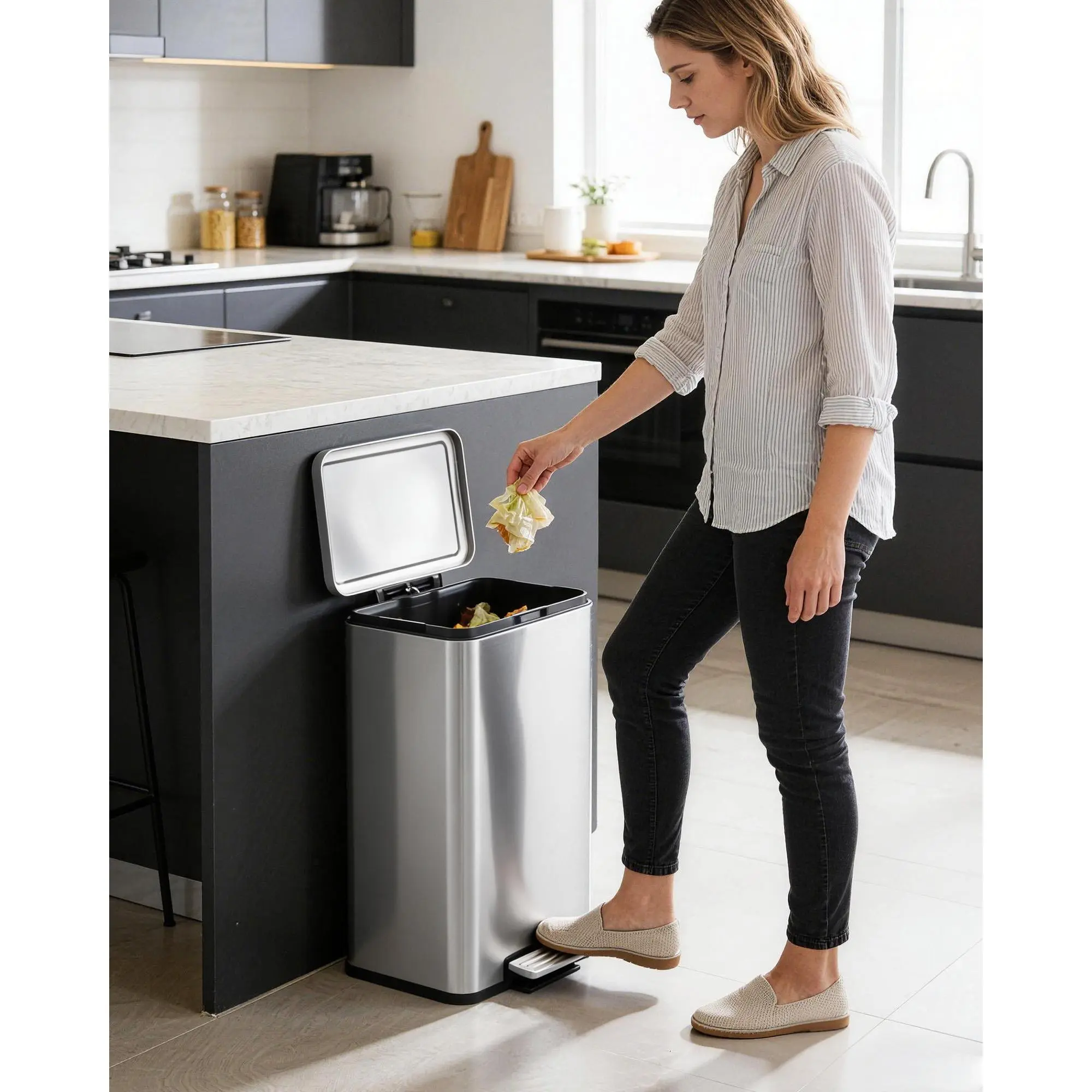 13 Gallon Horizontal Stainless Steel Trash Can, Anti-Fingerprint Rectangular Step Bin with Foot Pedal, Soft-Close Lid & Removable Inner Bucket, for Kitchen, Bathroom, Home & Office