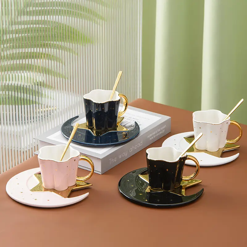 Creative Ceramic Cup with Star and Moon Saucer - Porcelain, 120ML, Four-Color Mixed - Drinkware