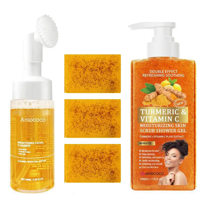 Turmeric Vitamin C Scrub Shower Gel + Lemon Turmeric Soap+Cleansing mousse，The gentle turmeric and honey formula deeply cleanses and moisturizes