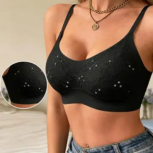 Women's Wireless Bra Black Buttery-Soft Lace Full Coverage Seamless Rhinestone Accents Plunge Design All-Day Breathable
