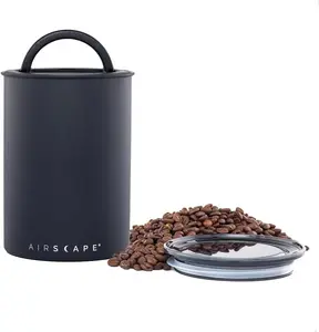 AirScape Planetary Design Stainless Steel Coffee Canister -  Food Storage Container with US Patented Inner Plunger Lid to Remove Excess Oxygen, Medium Matte Black Kitchen Preserving Jar (Choose Air-Less Over Airtight)