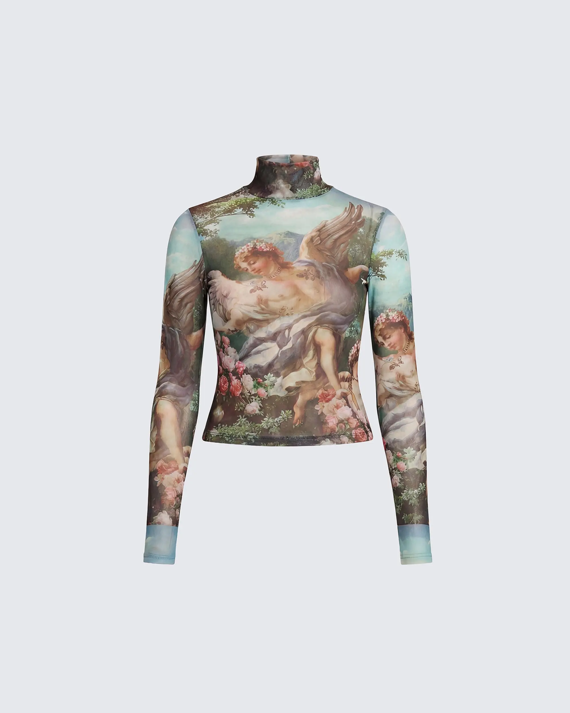 Women's Neo Print Mesh Cherub Slip Shirt, Long-Sleeve Blouse for Women