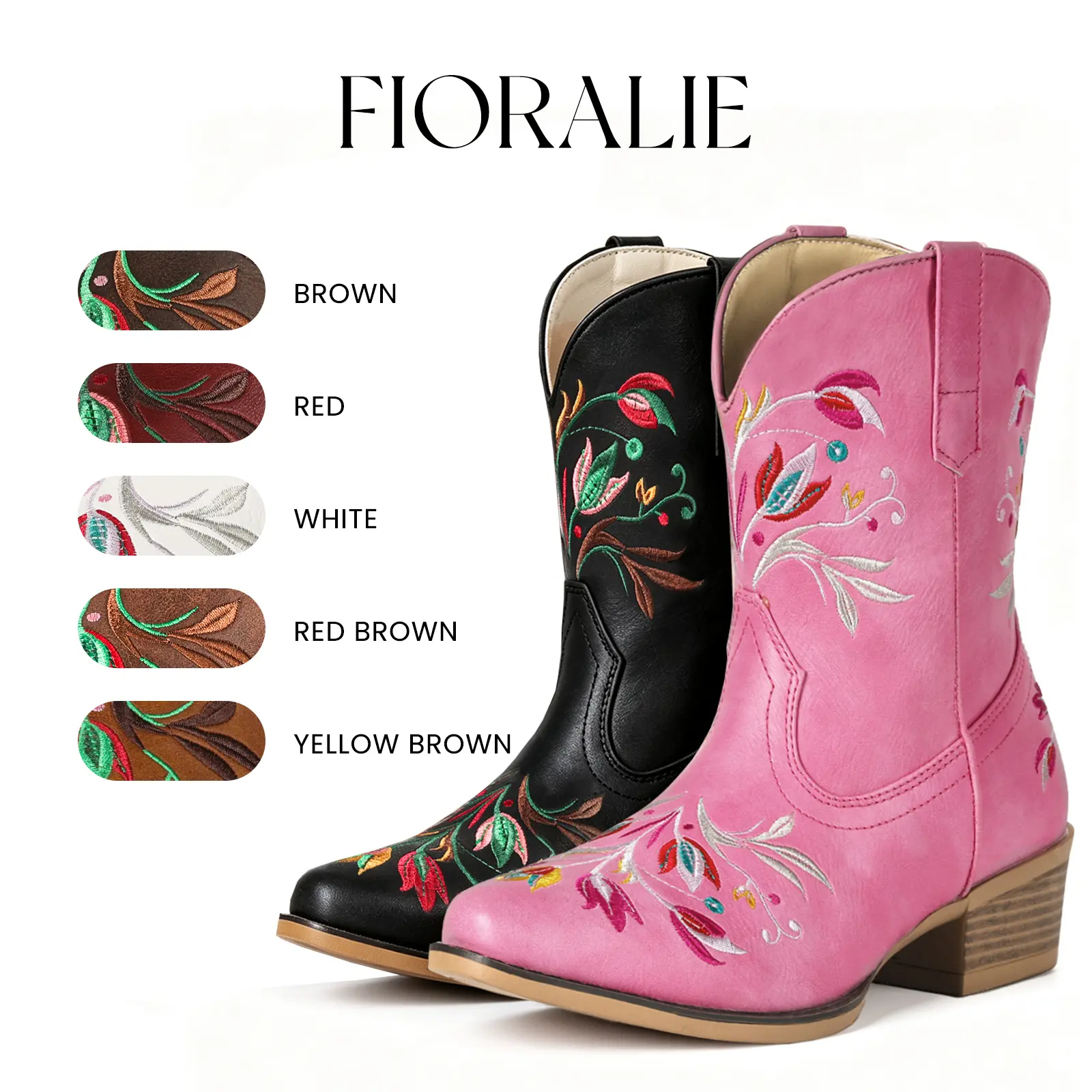 FIORALIE Women's Flower Embroidered Ankle Cowgirl Boots with Almond Pointed Toe Western Cowboy Style Chunky Heel Pull On Short Cowgirl Boots for Comfort and Style botas vaqueras mujer Country Concerts