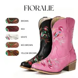【Clearance】FIORALIE Women's Flower Embroidered Ankle Cowgirl Boots with Almond Pointed Toe Western Cowboy Wide Calf Style Chunky Heel Pull On Short Wide Cowgirl Boots for Comfort and Style botas vaqueras mujer Country Concerts