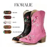 【Clearance】FIORALIE Women's Flower Embroidered Ankle Cowgirl Boots with Almond Pointed Toe Western Cowboy Wide Calf Style Chunky Heel Pull On Short Wide Cowgirl Boots for Comfort and Style botas vaqueras mujer Country Concerts