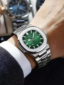 Men's Luxury Quartz Watch, Square Dial, Luminous Hands, Calendar Function, 30m Water Resistant, Silver Color Stainless Steel Strap