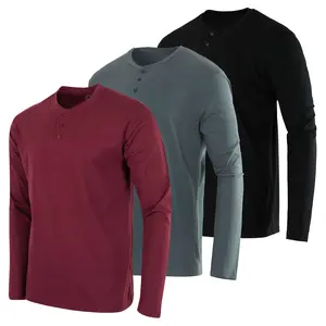 Real Essentials 3 Pack: Men's Cotton Long Sleeve Henley T-Shirt Performance Activewear (Available In Big & Tall)