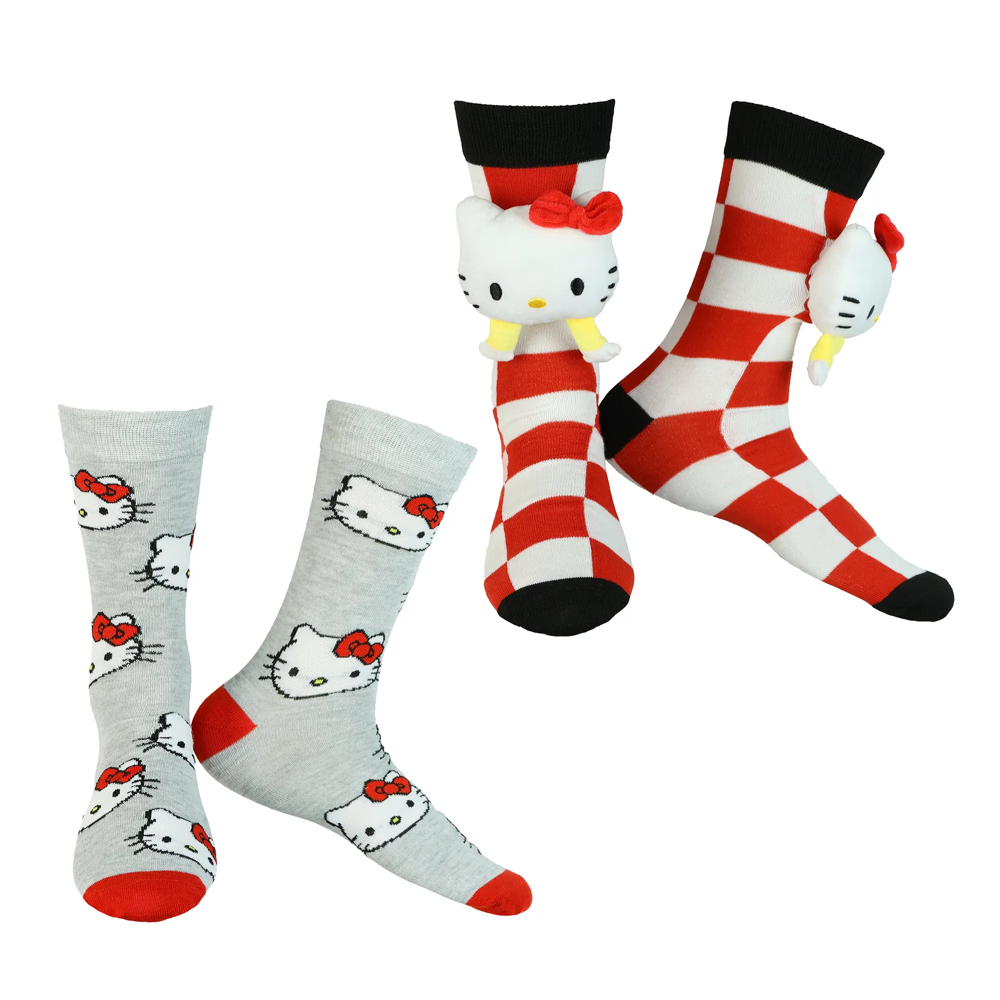 Men's Sanrio Hello Kitty Checkered Ribbed Plush Head Mid-Calf Crew Socks - 2-Pack Polyester Blend Fabric, Stretch, Playful, Gift Boxed for Everyday Wear, Menswear, Casual